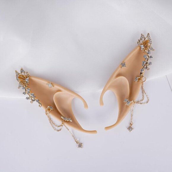 Fairy Elf Ears with Piercings Handmade Butterfly Gold Cuffs Cosplay Accessories - Picture 4 of 6